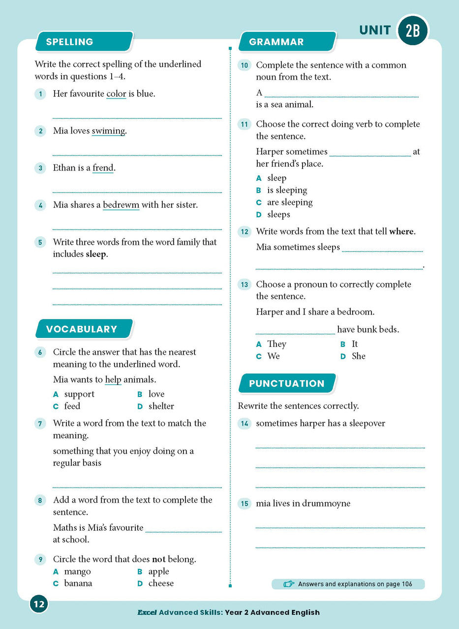 Sample interior page from Excel Advanced English Year 2 showing English activities and questions for students to complete