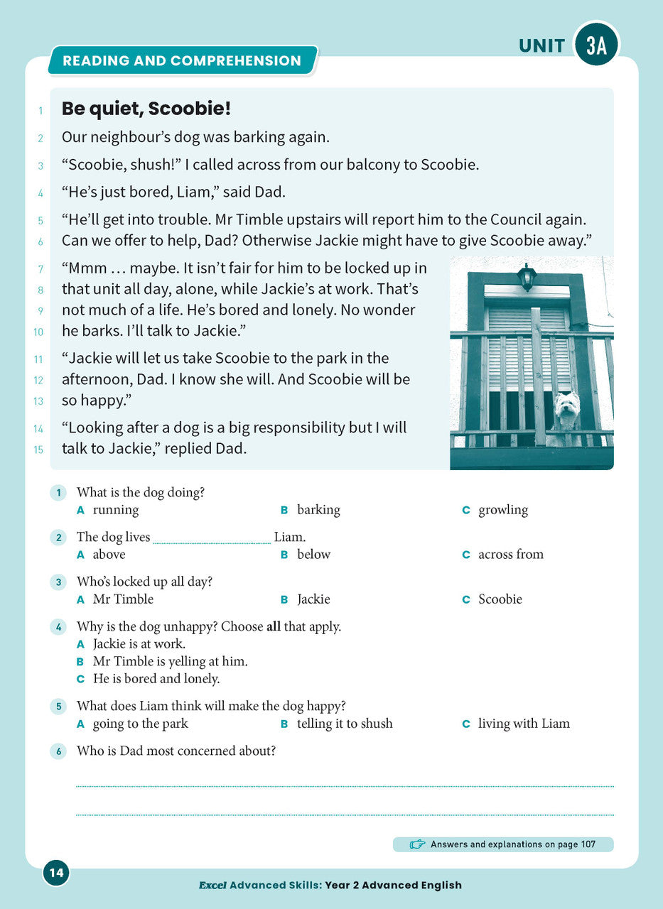 Sample interior page from Excel Advanced English Year 2 showing English activities and questions for students to complete