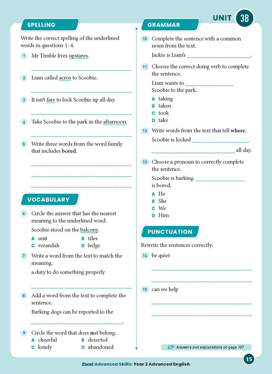 Sample interior page from Excel Advanced English Year 2 showing English activities and questions for students to complete