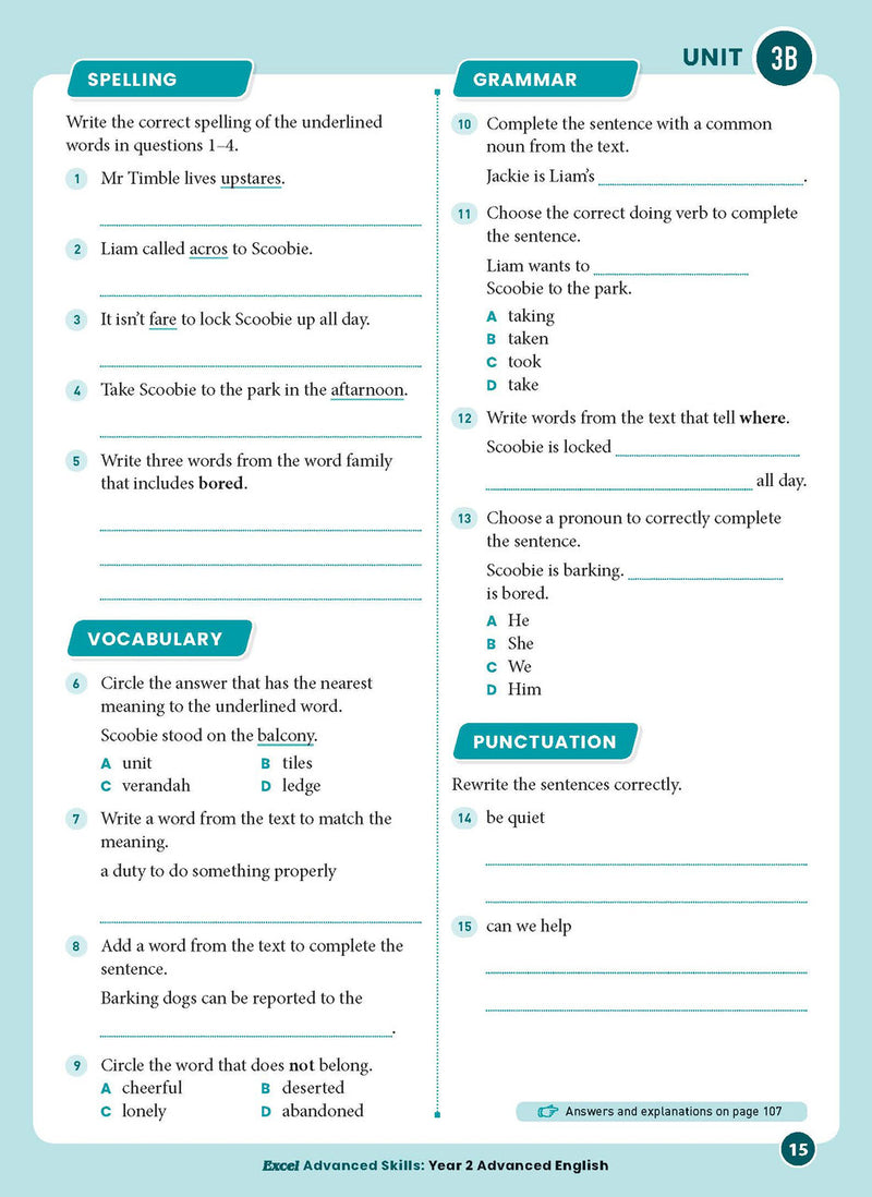 Sample interior page from Excel Advanced English Year 2 showing English activities and questions for students to complete