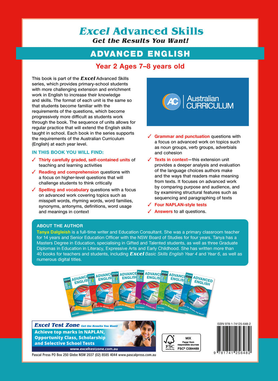 Back cover of Excel Advanced English Year 2 with the publisher's summary of what the workbook covers