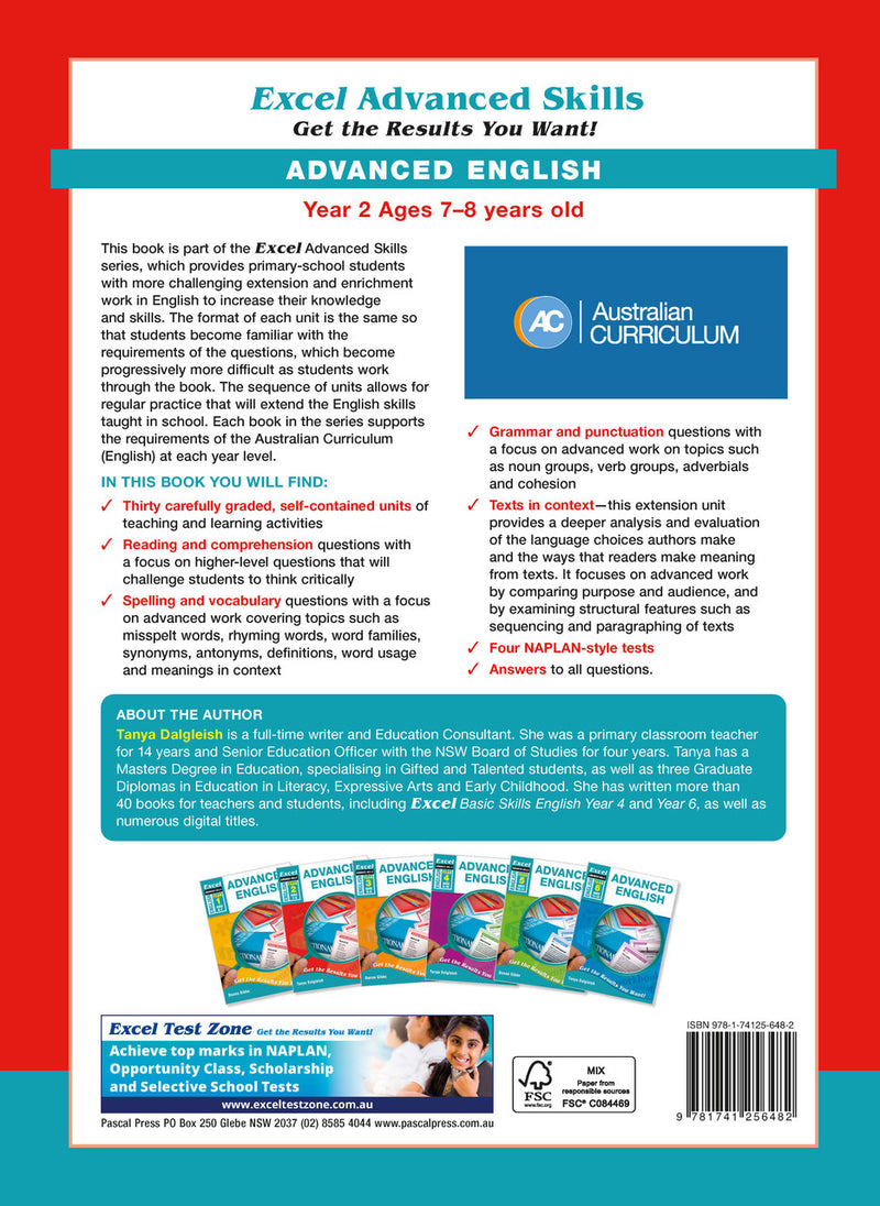 Back cover of Excel Advanced English Year 2 with the publisher's summary of what the workbook covers