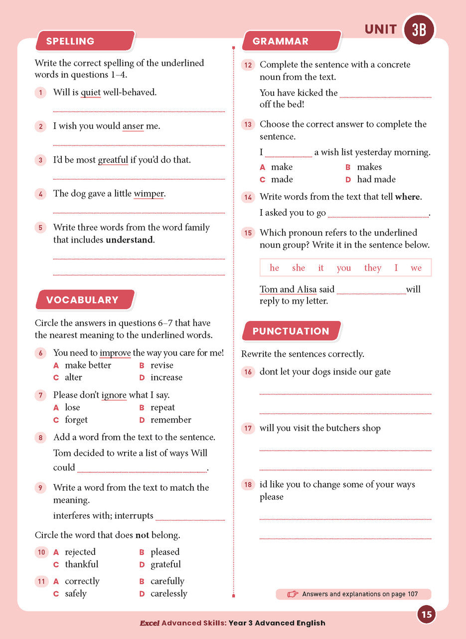 Sample interior page 15 from Excel Advanced English Year 3 showing the workbook's English activities and questions