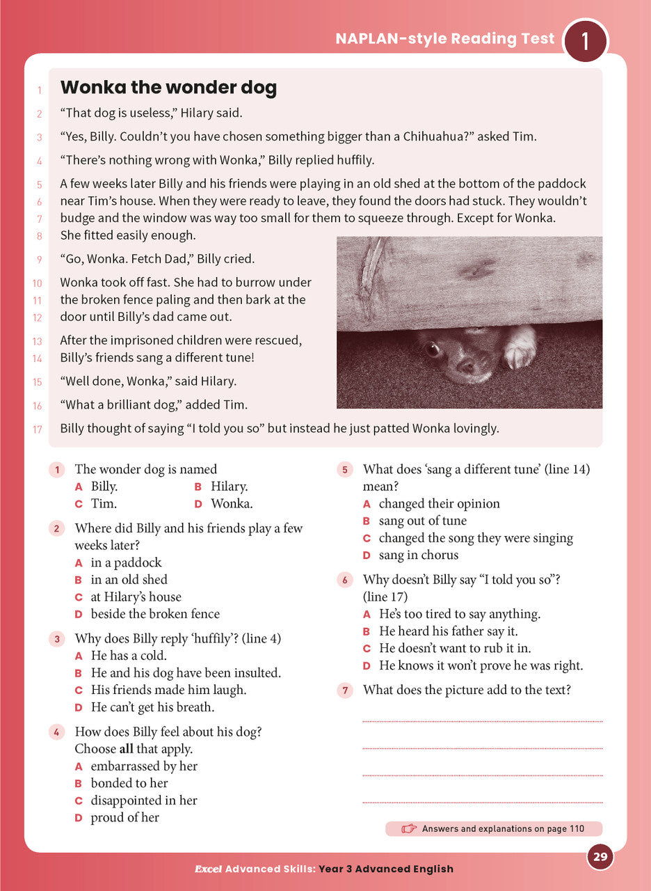 Sample interior page 29 from Excel Advanced English Year 3 showing the workbook's English activities and questions