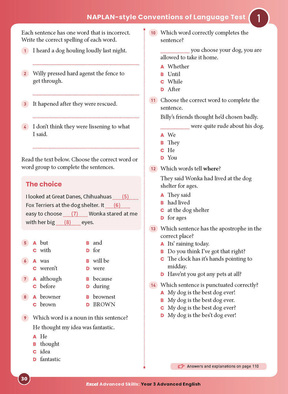Sample interior page 30 from Excel Advanced English Year 3 showing the workbook's English activities and questions