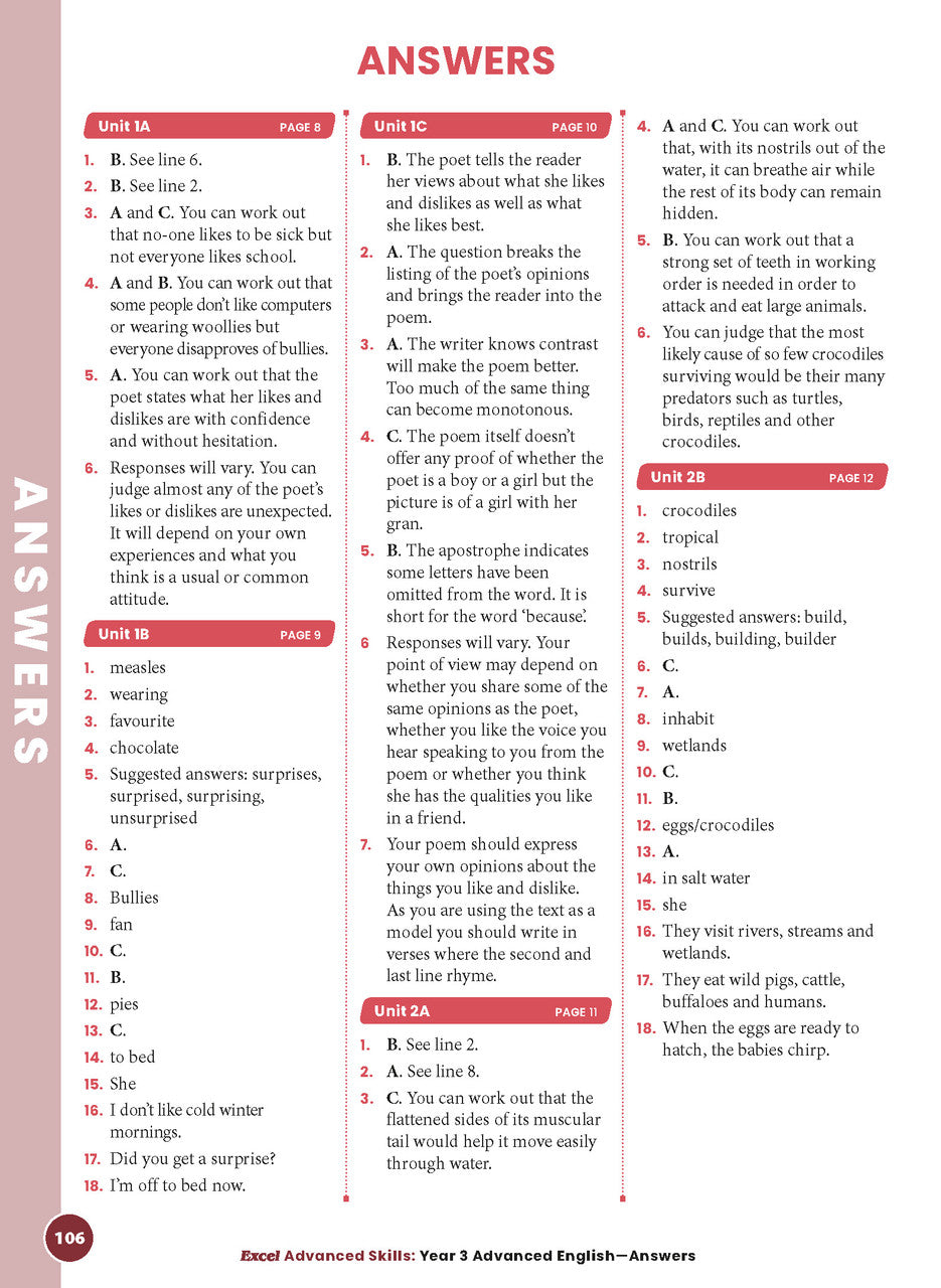 Sample interior page 106 from Excel Advanced English Year 3 showing the workbook's English activities and questions