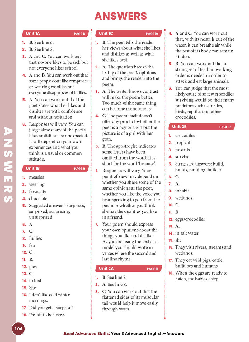 Sample interior page 106 from Excel Advanced English Year 3 showing the workbook's English activities and questions