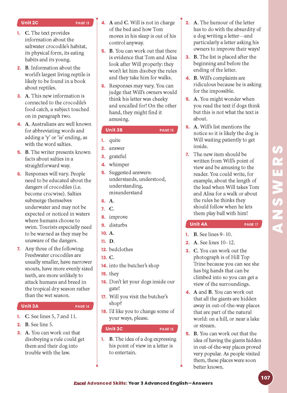 Sample interior page 107 from Excel Advanced English Year 3 showing the workbook's English activities and questions