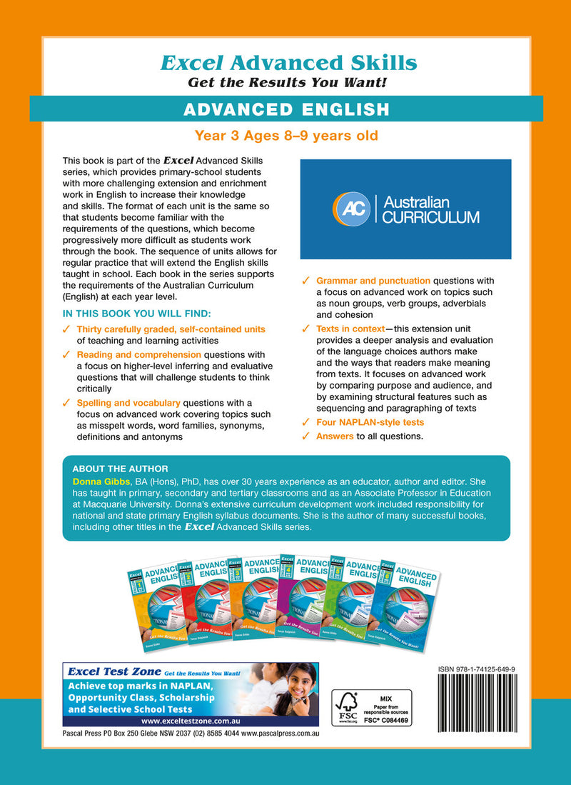 Back cover of Excel Advanced English Year 3 with the publisher's summary of what the workbook covers