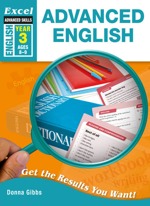 Front cover of Excel Advanced English Year 3, showing the Excel Advanced Skills series branding, title and year level