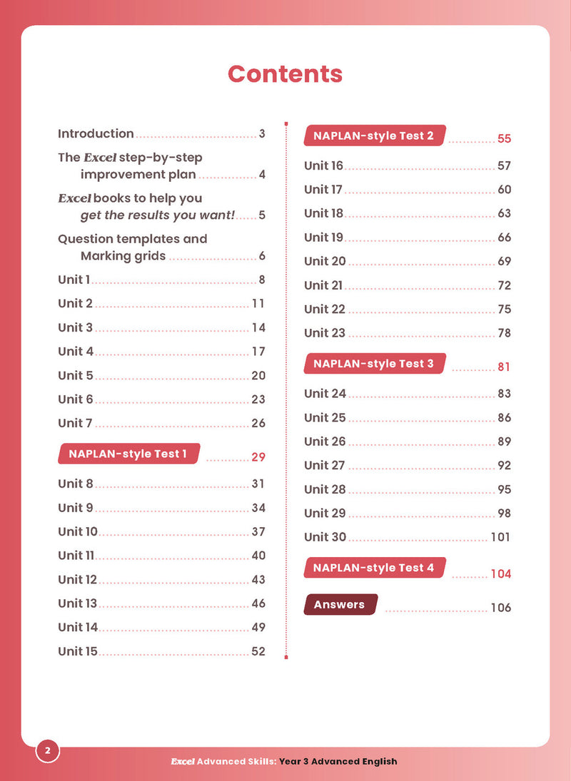 Sample interior page 2 from Excel Advanced English Year 3 showing the workbook's English activities and questions