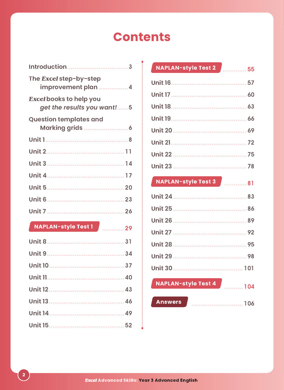 Sample interior page 2 from Excel Advanced English Year 3 showing the workbook's English activities and questions