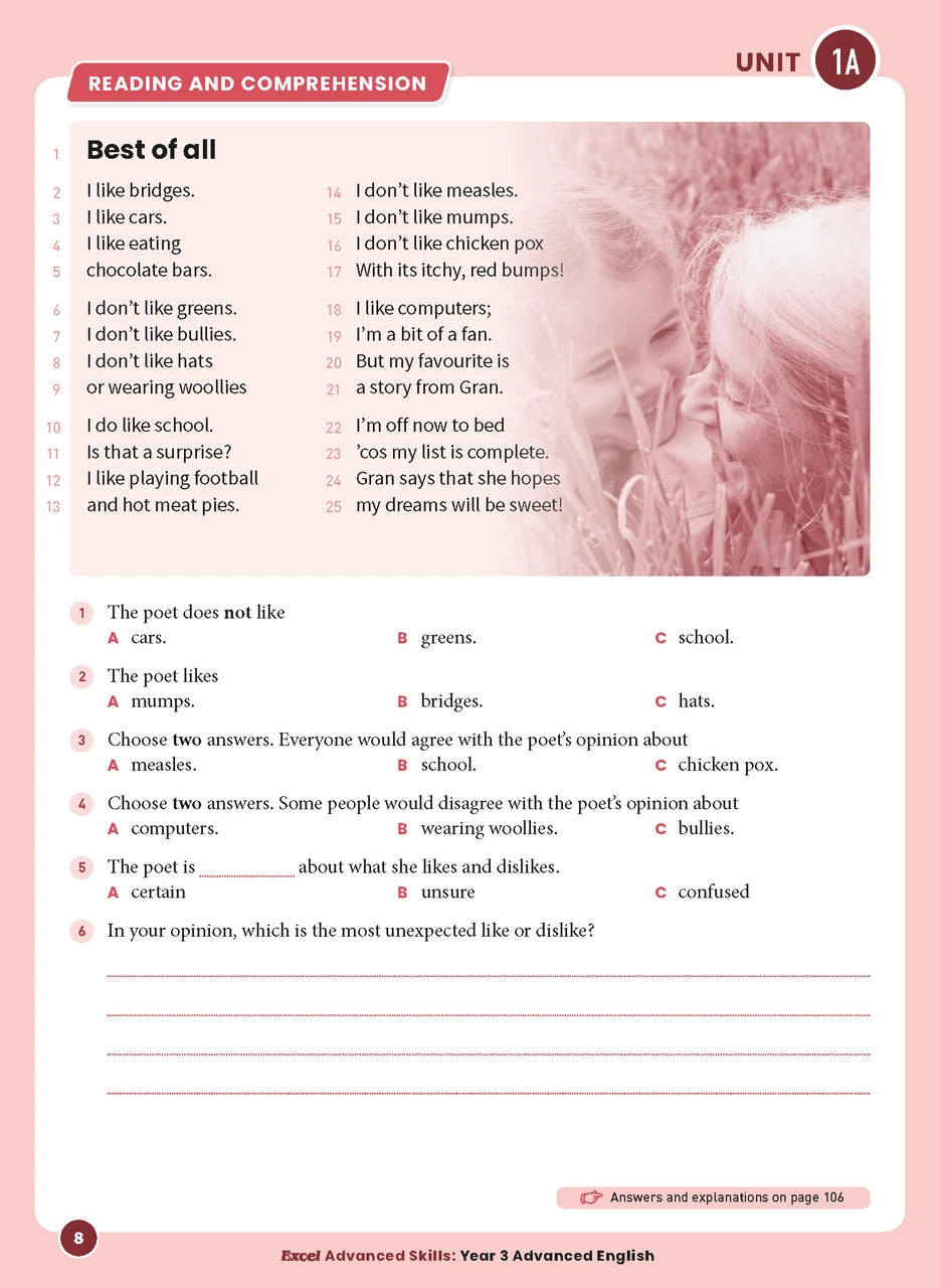 Sample interior page 3 from Excel Advanced English Year 3 showing the workbook's English activities and questions