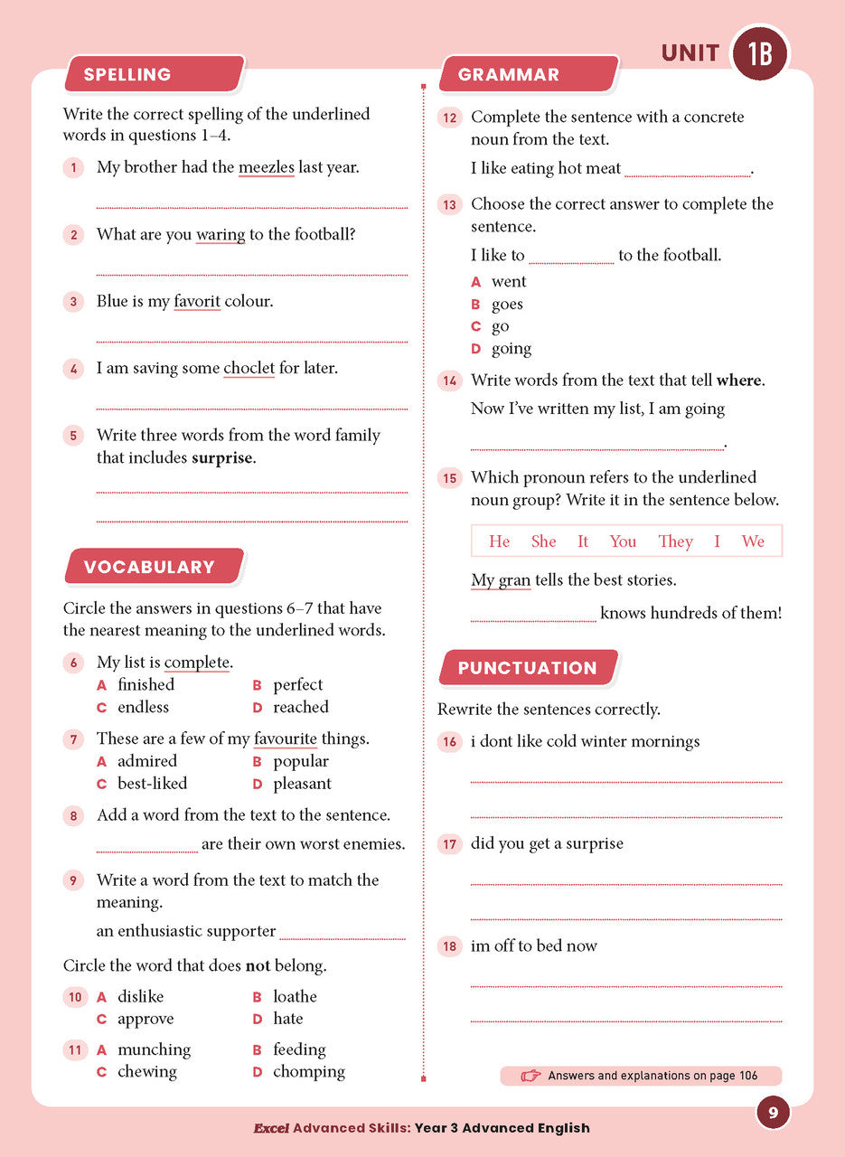 Sample interior page 9 from Excel Advanced English Year 3 showing the workbook's English activities and questions