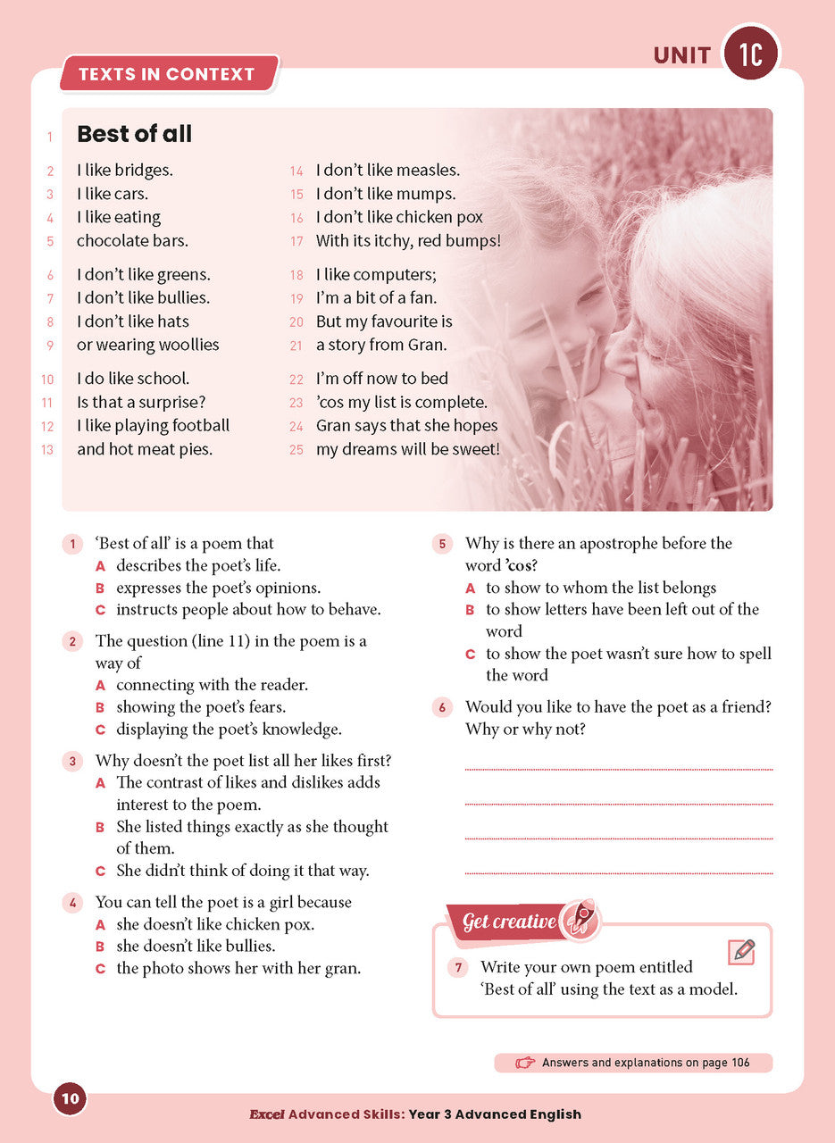 Sample interior page 10 from Excel Advanced English Year 3 showing the workbook's English activities and questions