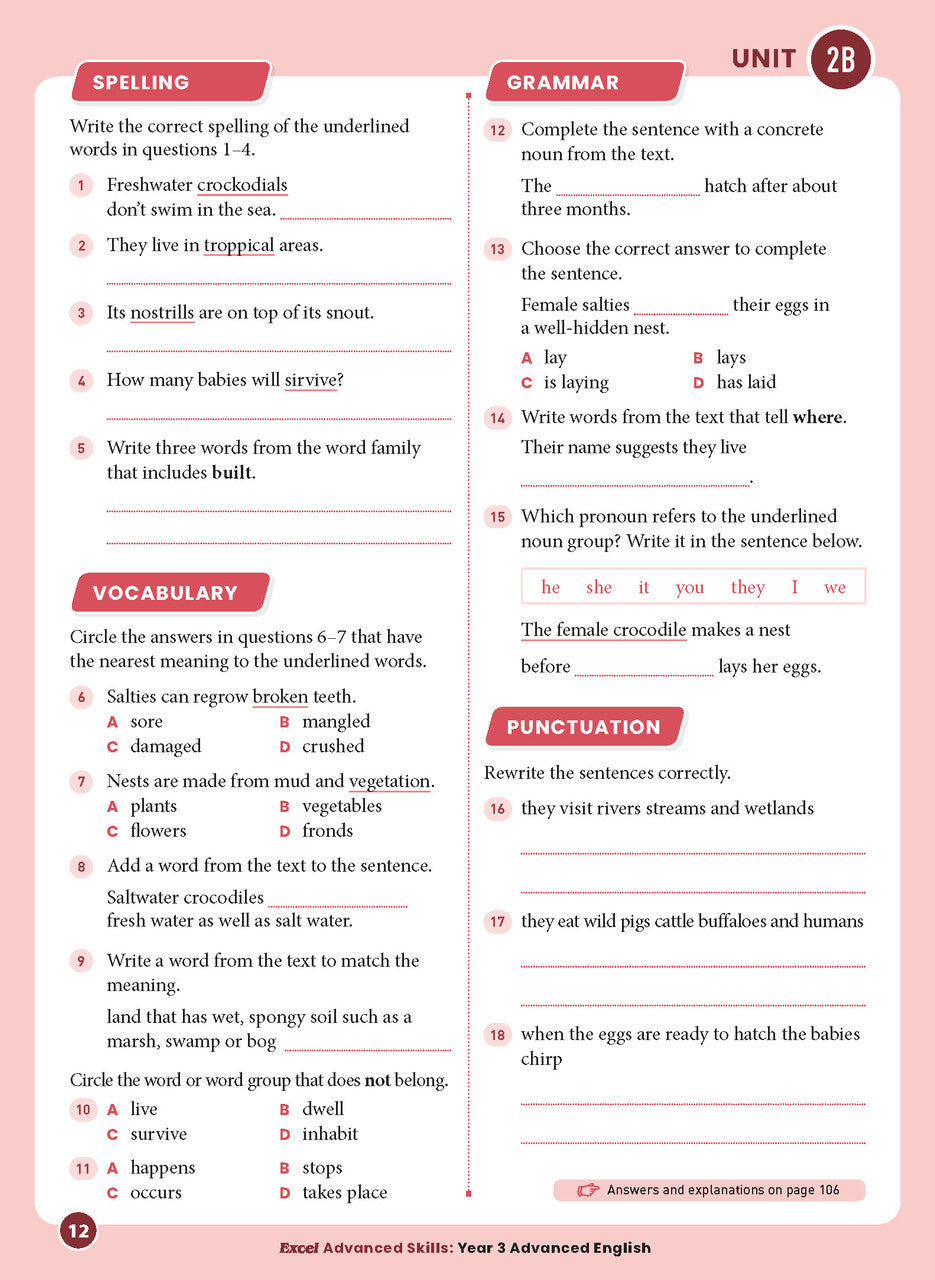 Sample interior page 12 from Excel Advanced English Year 3 showing the workbook's English activities and questions