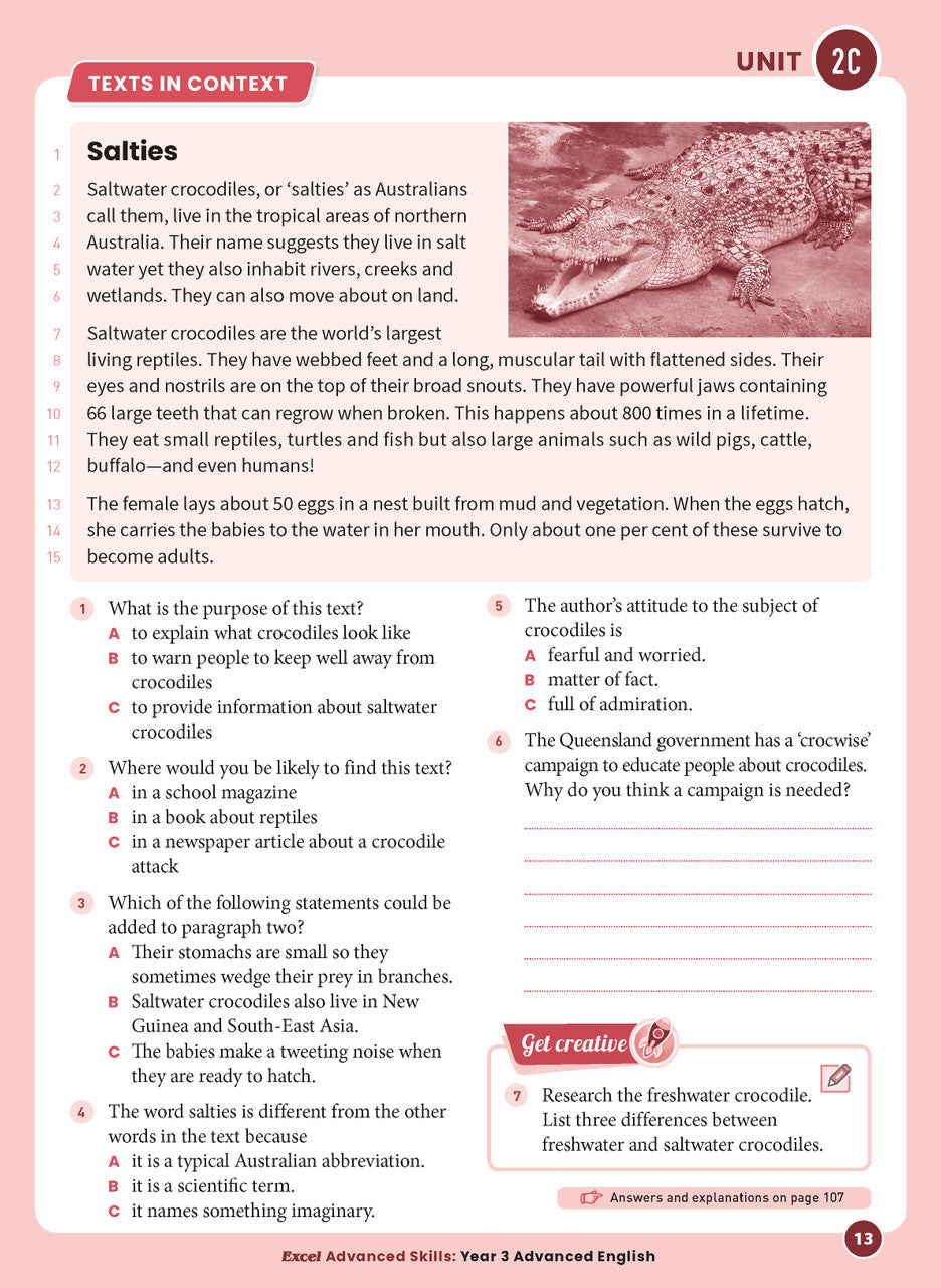 Sample interior page 13 from Excel Advanced English Year 3 showing the workbook's English activities and questions