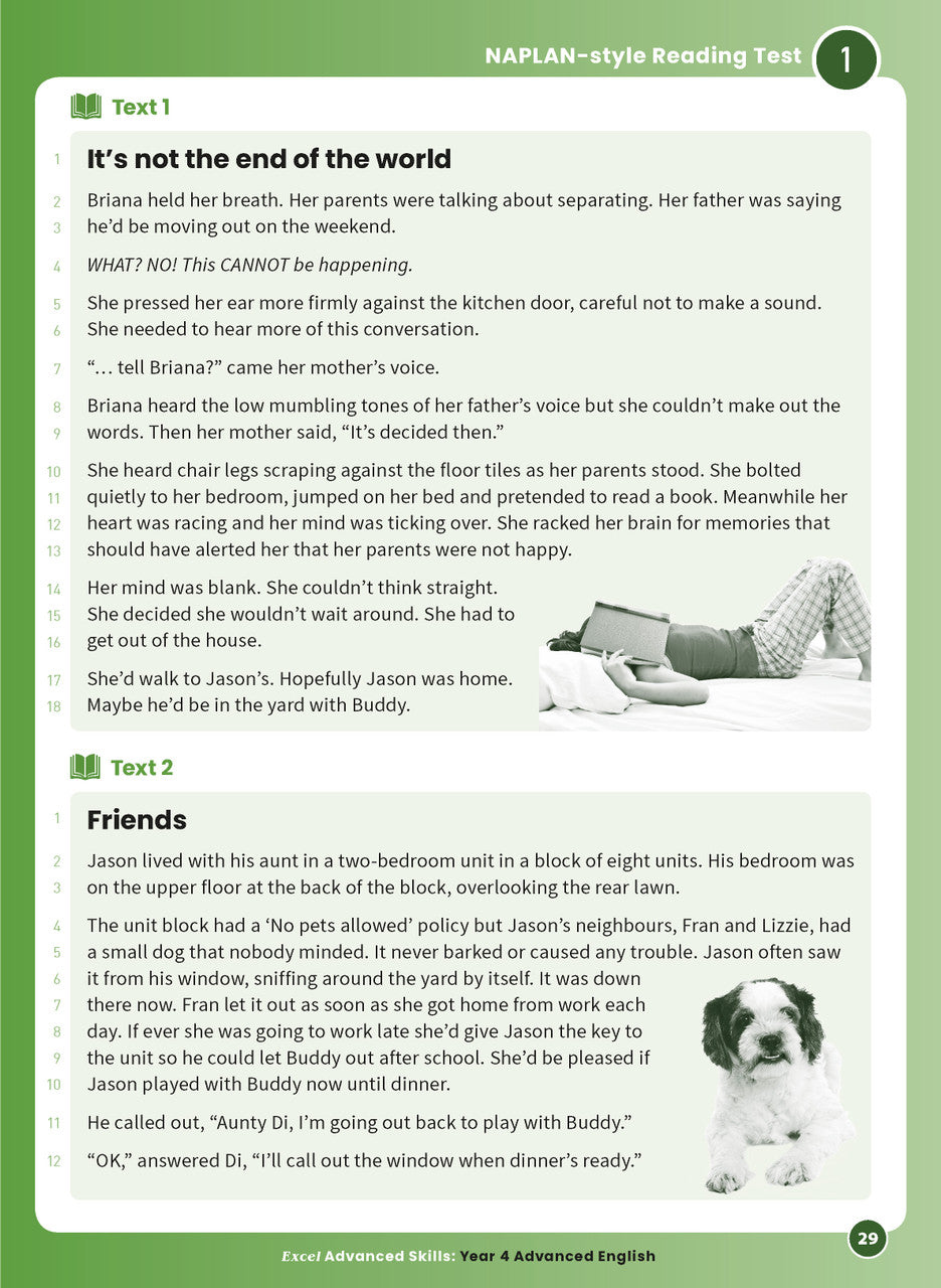 Sample interior page 29 from Excel Advanced English Year 4 showing the workbook's English activities and questions