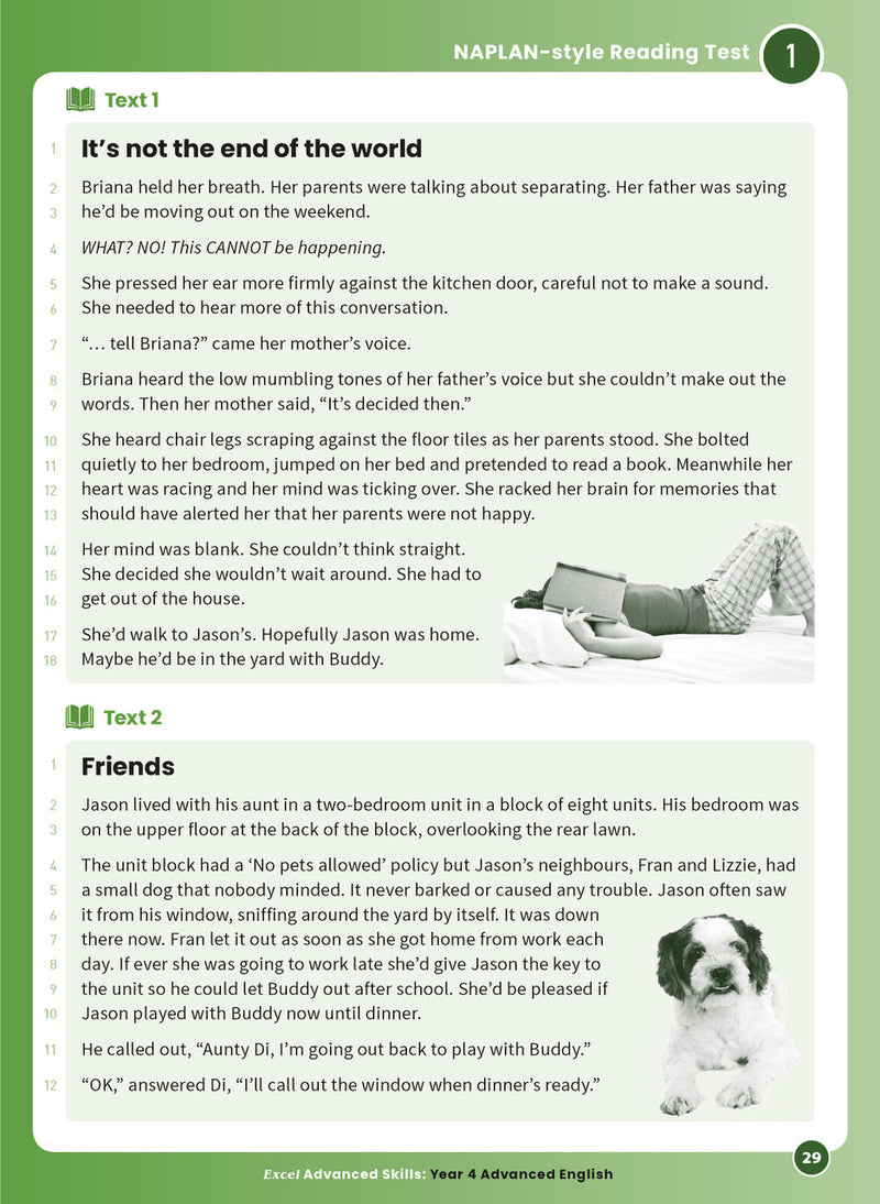 Sample interior page 29 from Excel Advanced English Year 4 showing the workbook's English activities and questions