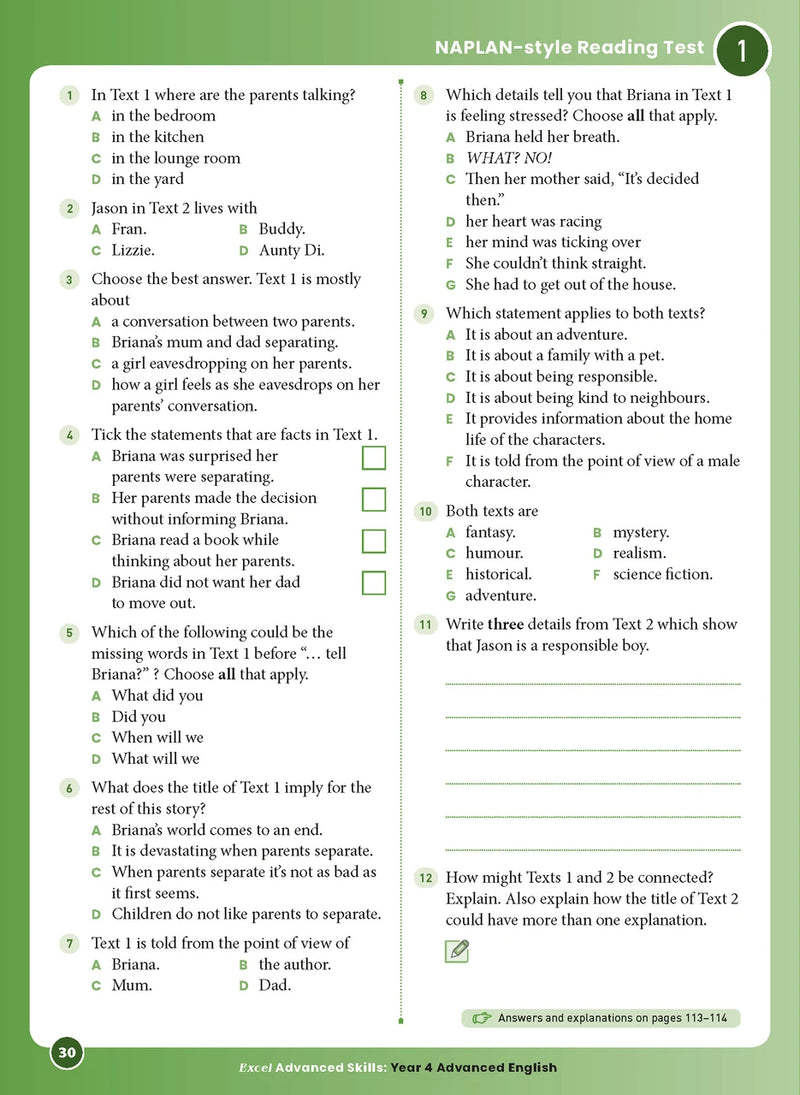 Sample interior page 30 from Excel Advanced English Year 4 showing the workbook's English activities and questions