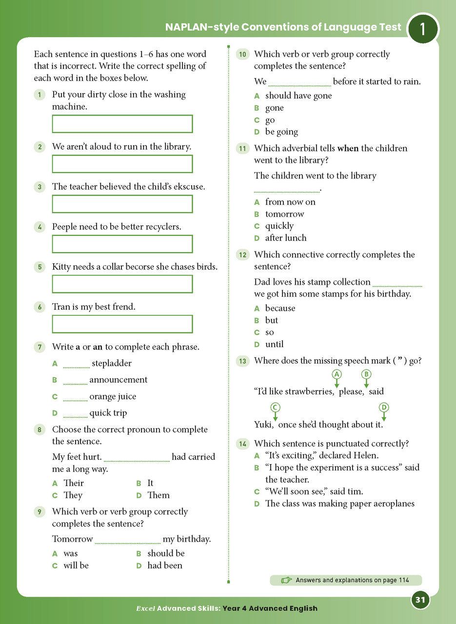 Sample interior page 31 from Excel Advanced English Year 4 showing the workbook's English activities and questions