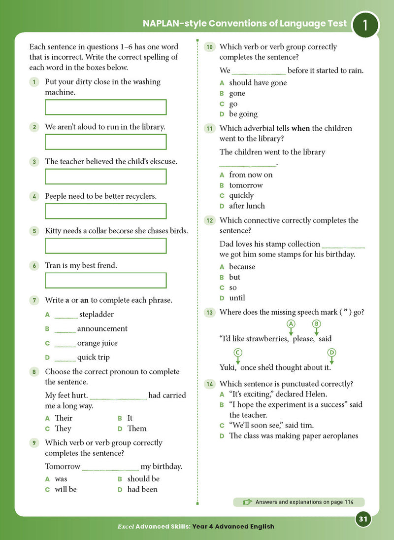 Sample interior page 31 from Excel Advanced English Year 4 showing the workbook's English activities and questions