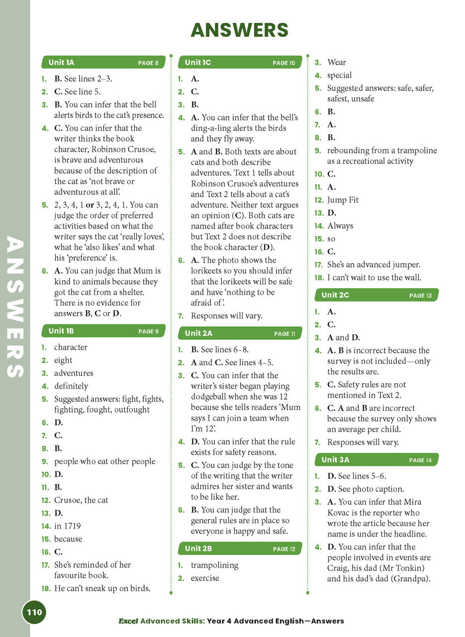Sample interior page 110 from Excel Advanced English Year 4 showing the workbook's English activities and questions