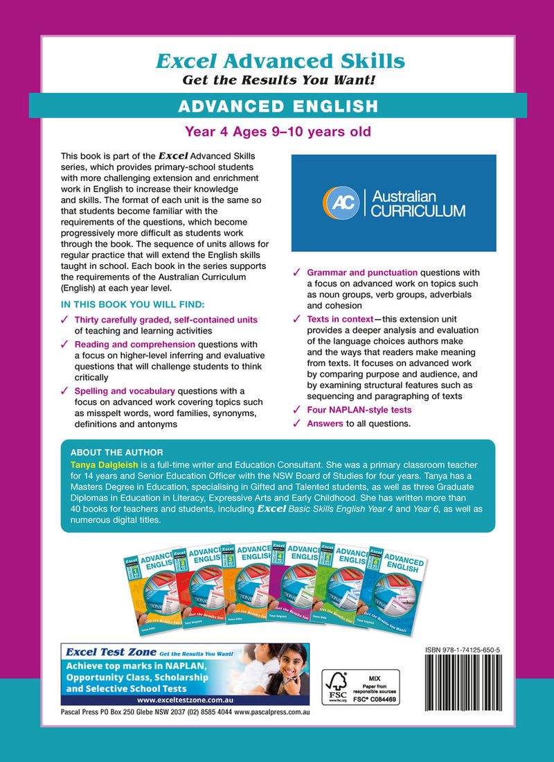 Back cover of Excel Advanced English Year 4 with the publisher's summary of what the workbook covers