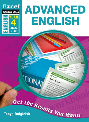Front cover of Excel Advanced English Year 4, showing the Excel Advanced Skills series branding, title and year level