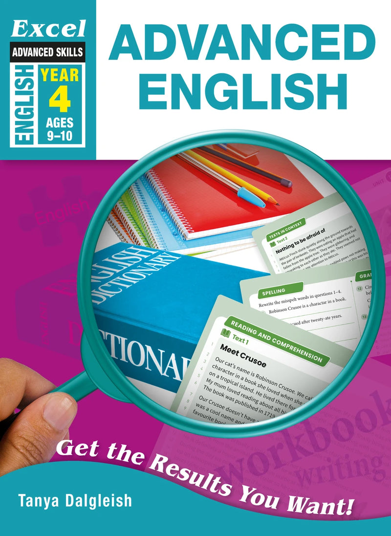 Front cover of Excel Advanced English Year 4, showing the Excel Advanced Skills series branding, title and year level