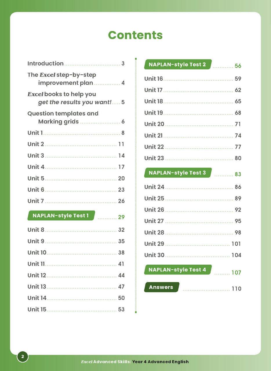 Sample interior page 2 from Excel Advanced English Year 4 showing the workbook's English activities and questions