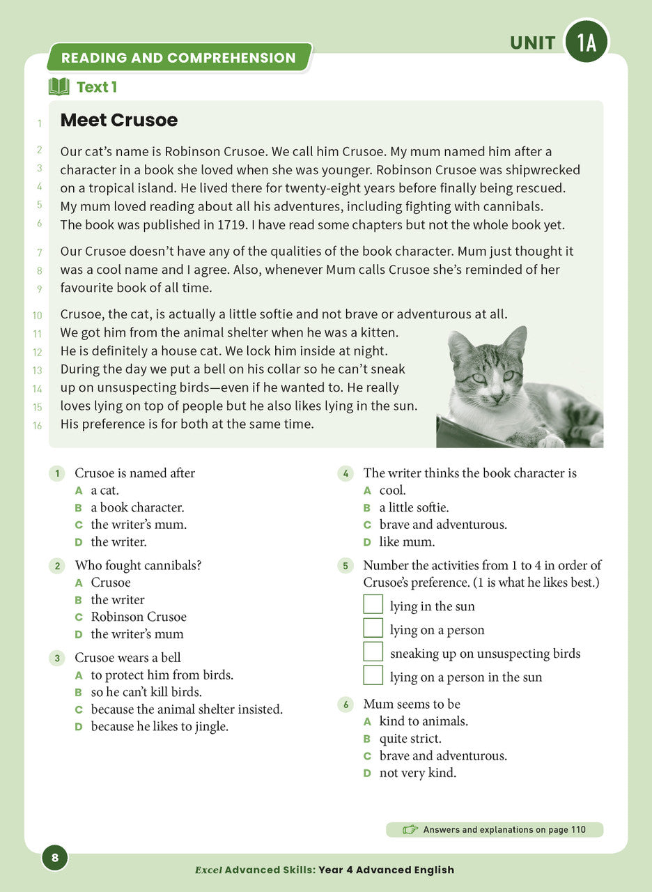 Sample interior page 8 from Excel Advanced English Year 4 showing the workbook's English activities and questions
