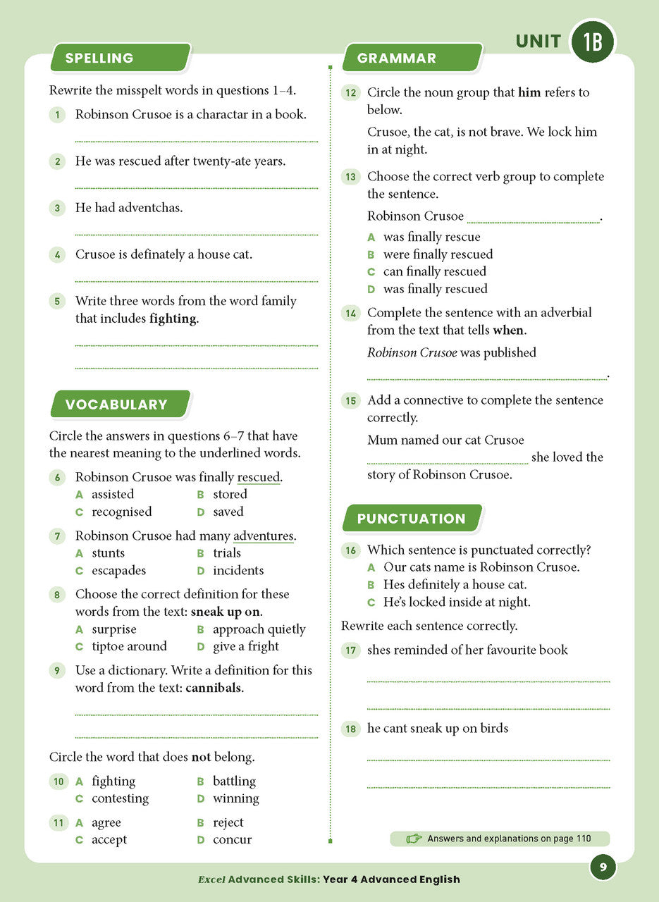 Sample interior page 9 from Excel Advanced English Year 4 showing the workbook's English activities and questions