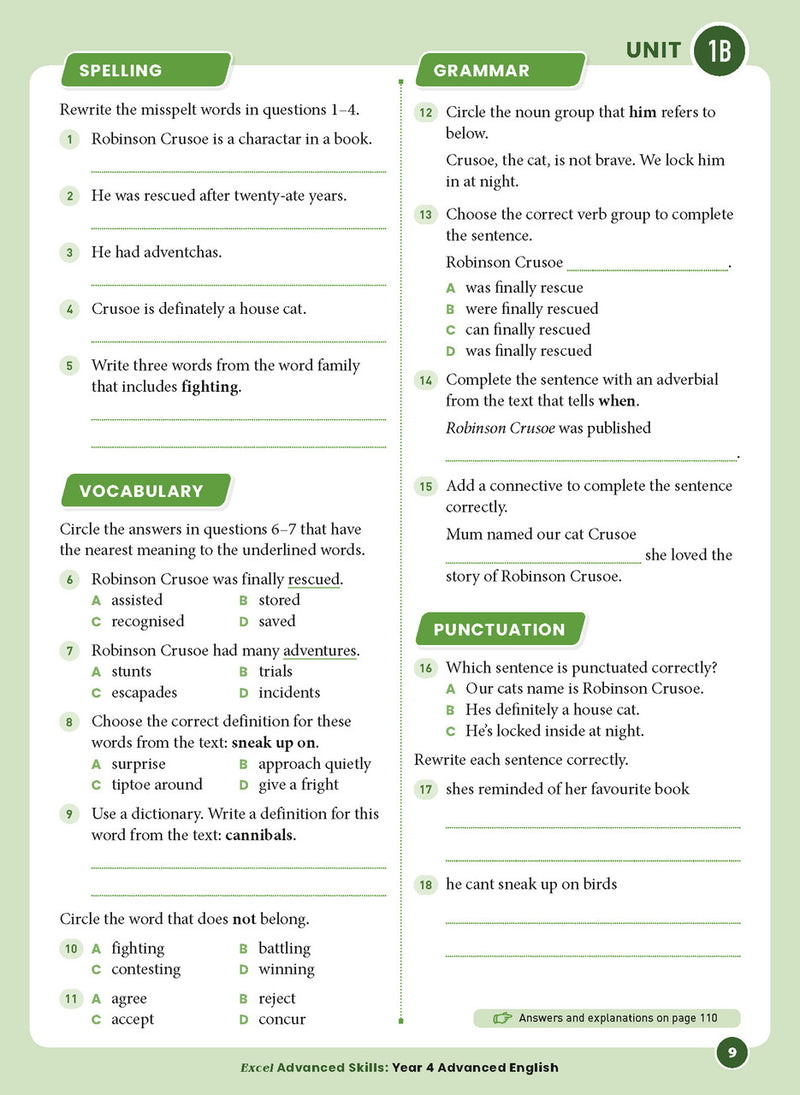 Sample interior page 9 from Excel Advanced English Year 4 showing the workbook's English activities and questions