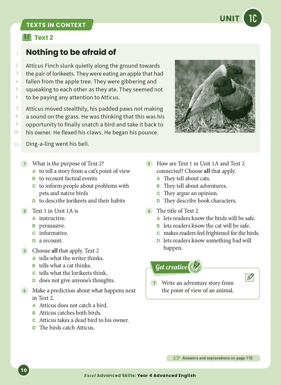 Sample interior page 10 from Excel Advanced English Year 4 showing the workbook's English activities and questions