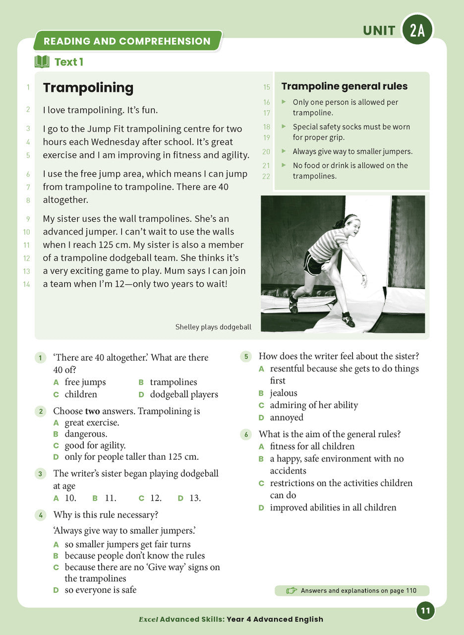 Sample interior page 11 from Excel Advanced English Year 4 showing the workbook's English activities and questions
