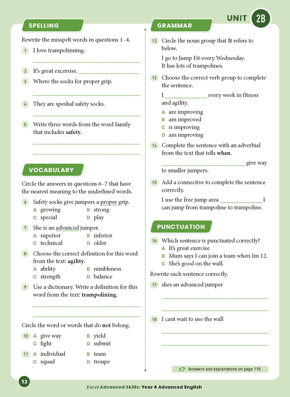 Sample interior page 12 from Excel Advanced English Year 4 showing the workbook's English activities and questions