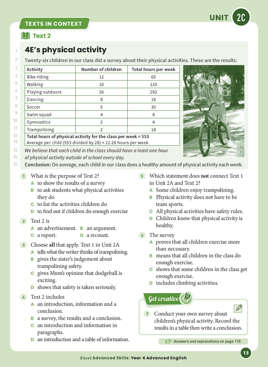 Sample interior page 13 from Excel Advanced English Year 4 showing the workbook's English activities and questions