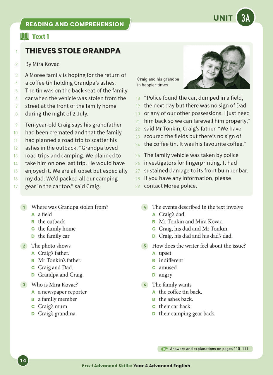 Sample interior page 14 from Excel Advanced English Year 4 showing the workbook's English activities and questions