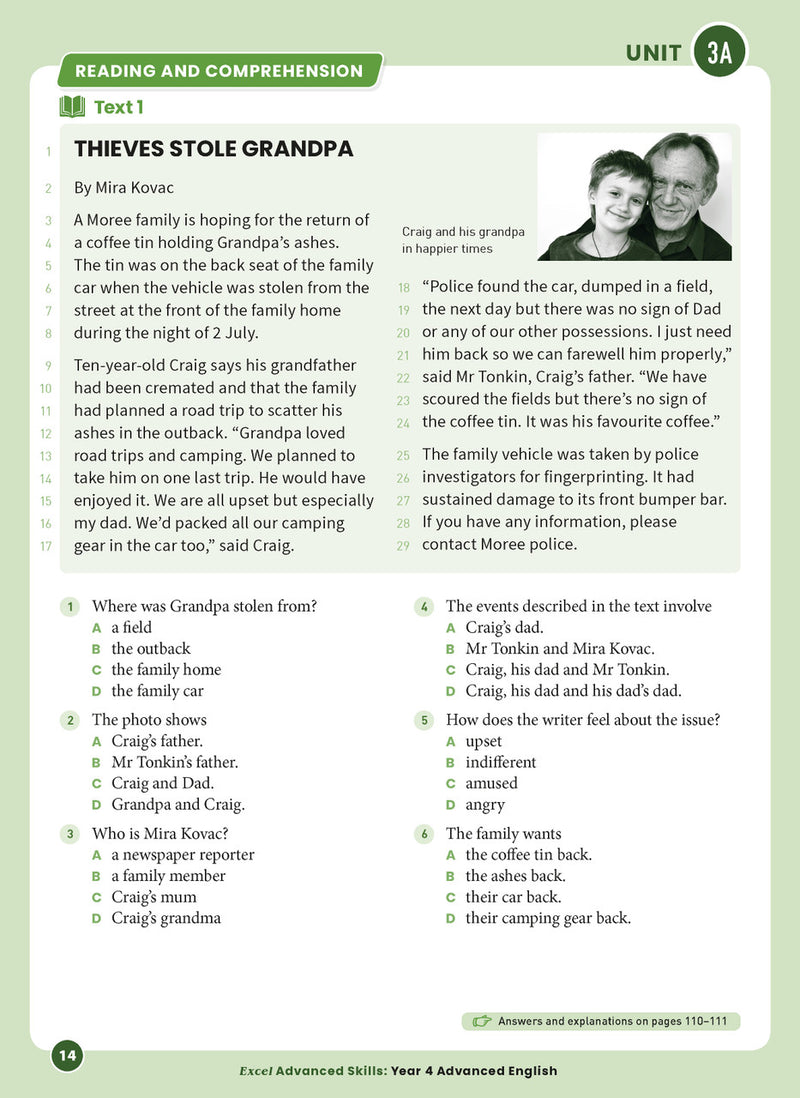 Sample interior page 14 from Excel Advanced English Year 4 showing the workbook's English activities and questions