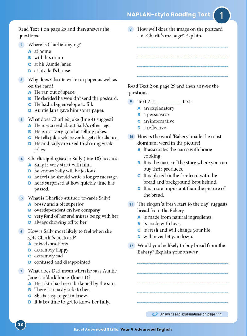 Sample interior page 30 from Excel Advanced English Year 5 showing the workbook's English activities and questions