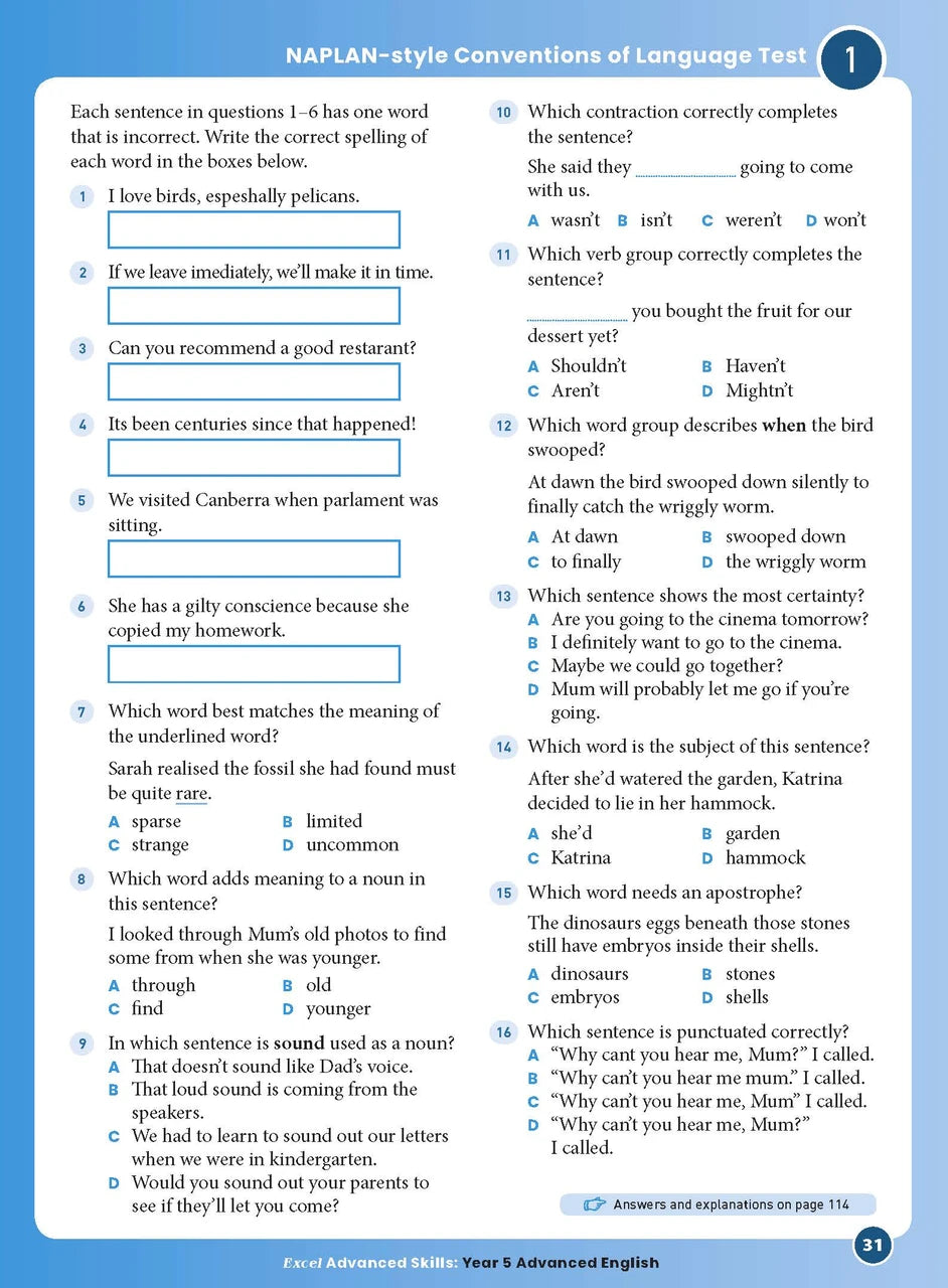 Sample interior page 31 from Excel Advanced English Year 5 showing the workbook's English activities and questions