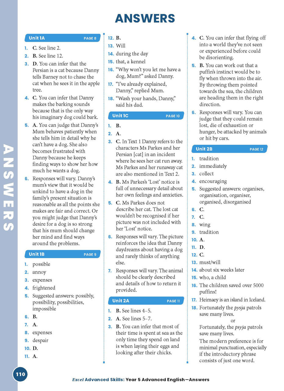 Sample interior page 110 from Excel Advanced English Year 5 showing the workbook's English activities and questions