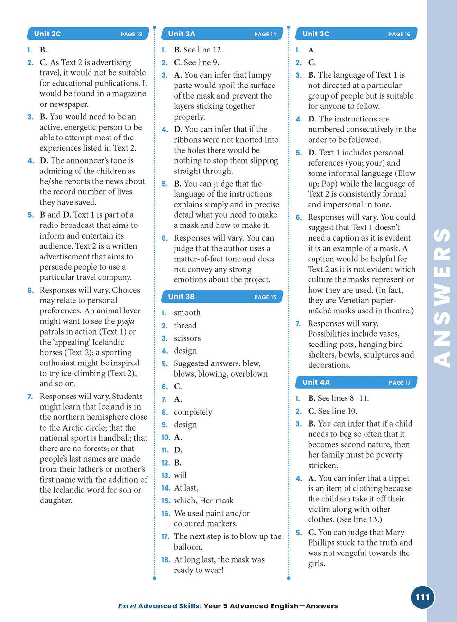 Sample interior page 111 from Excel Advanced English Year 5 showing the workbook's English activities and questions