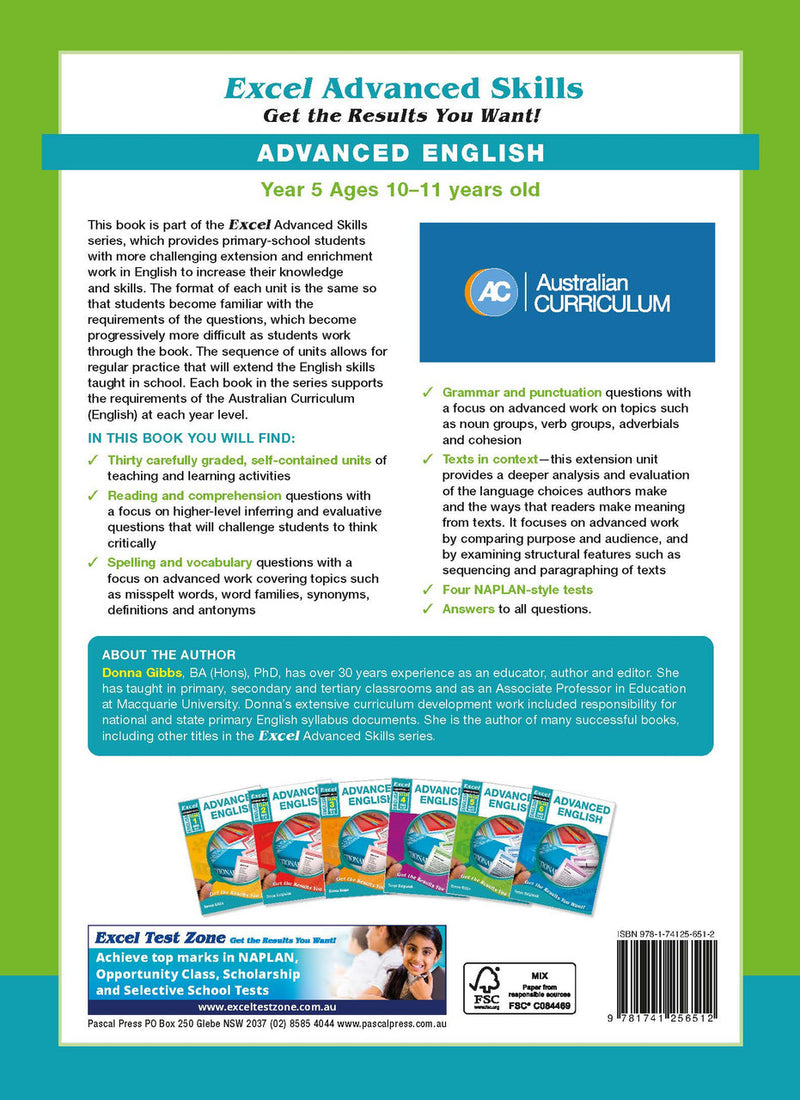 Back cover of Excel Advanced English Year 5 with the publisher's summary of what the workbook covers