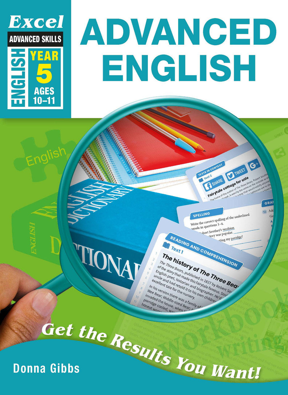 Front cover of Excel Advanced English Year 5, showing the Excel Advanced Skills series branding, title and year level