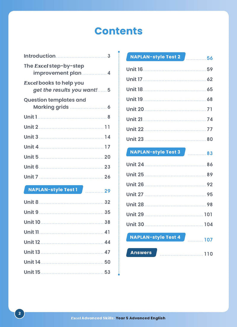 Sample interior page 2 from Excel Advanced English Year 5 showing the workbook's English activities and questions