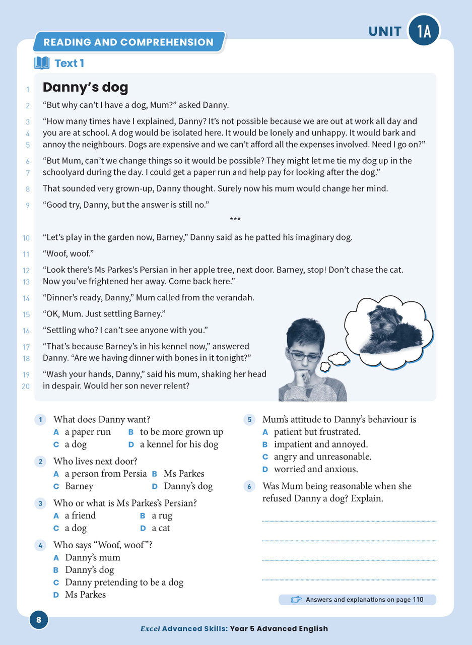 Sample interior page 8 from Excel Advanced English Year 5 showing the workbook's English activities and questions