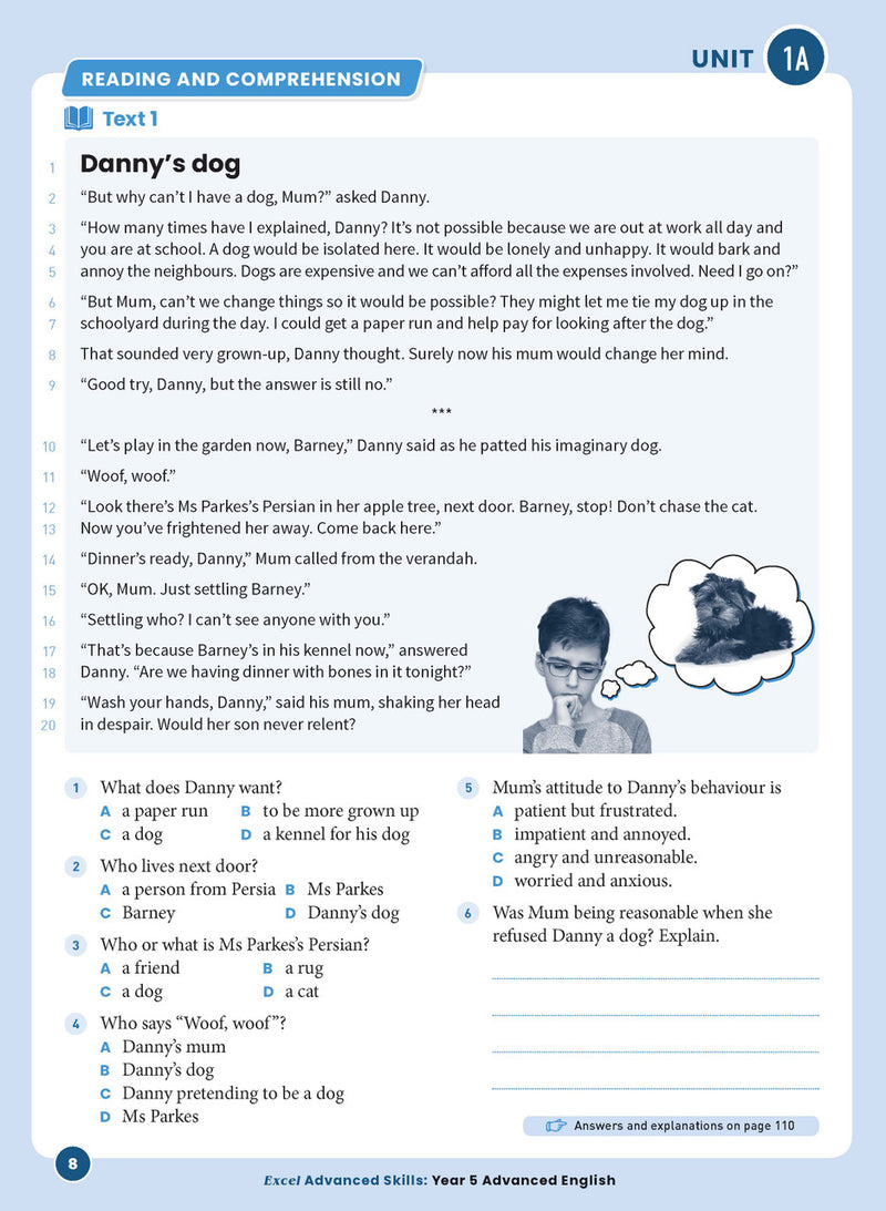 Sample interior page 8 from Excel Advanced English Year 5 showing the workbook's English activities and questions