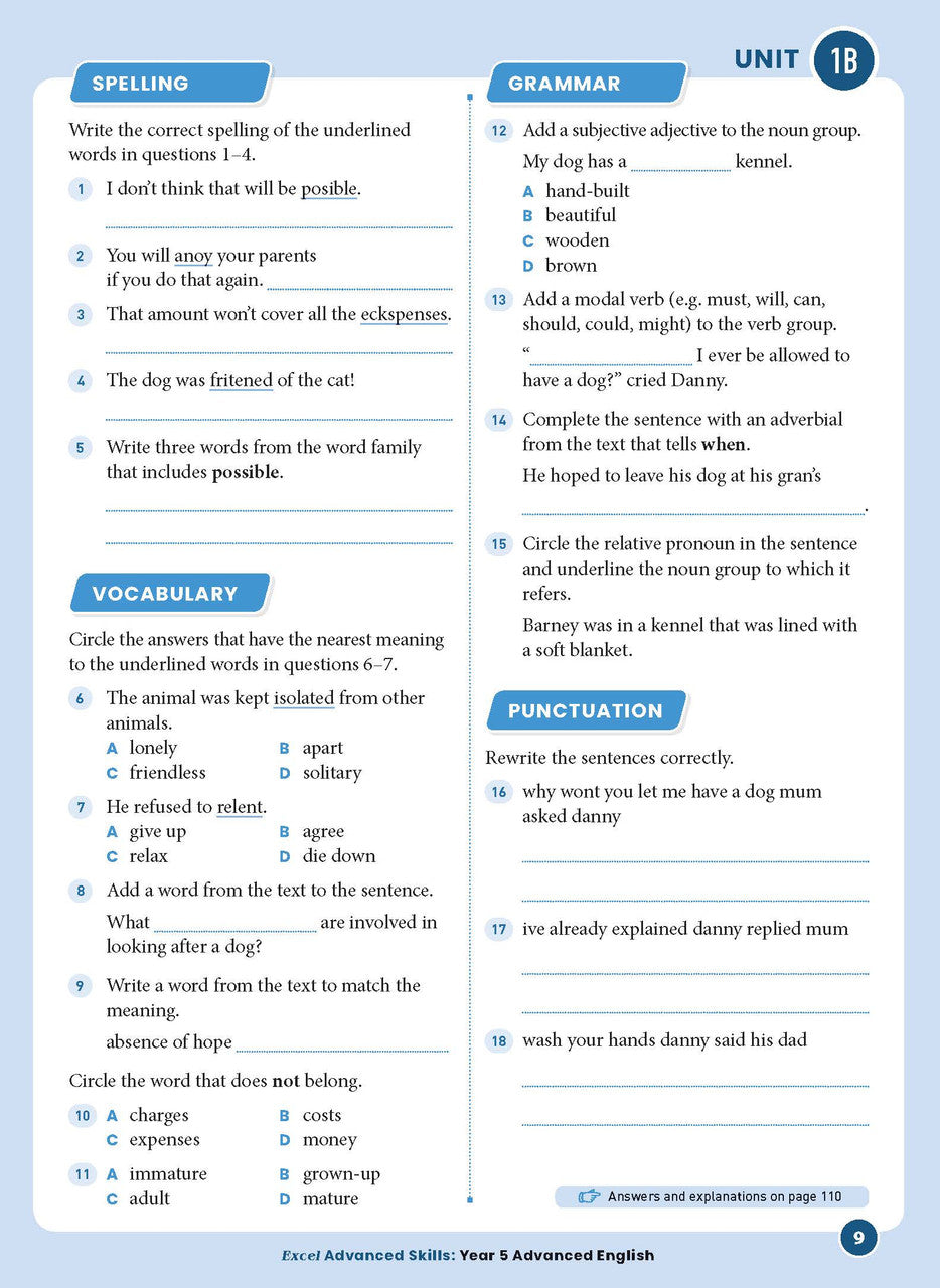 Sample interior page 9 from Excel Advanced English Year 5 showing the workbook's English activities and questions